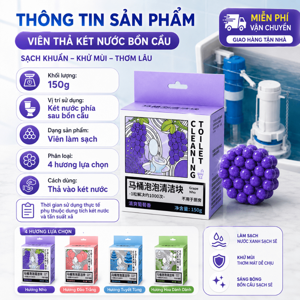 Viên Thả Két Nước Bồn Cầu 150g | Hỗ Trợ Làm Sạch, Giảm Mùi | 4 Hương Lựa Chọn