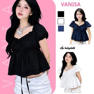 Áo babydoll phối dây rút dáng ngắn tay phồng chất voan mềm mại màu trắng đen xanh VANISA CT431