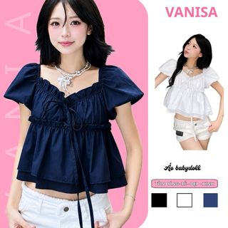 Áo babydoll nữ vải voan trắng xanh đen cổ vuông tay bồng dáng xòe dễ thương tiểu thư VANISA CT431