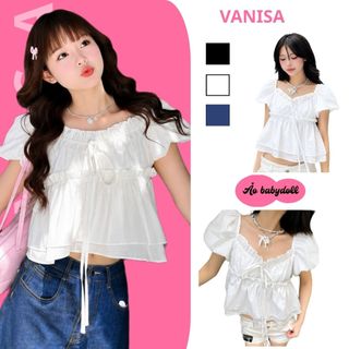 Áo kiểu nữ cổ vuông tay bồng tiểu thư dáng babydoll trắng xanh đen chất voan VANISA CT431