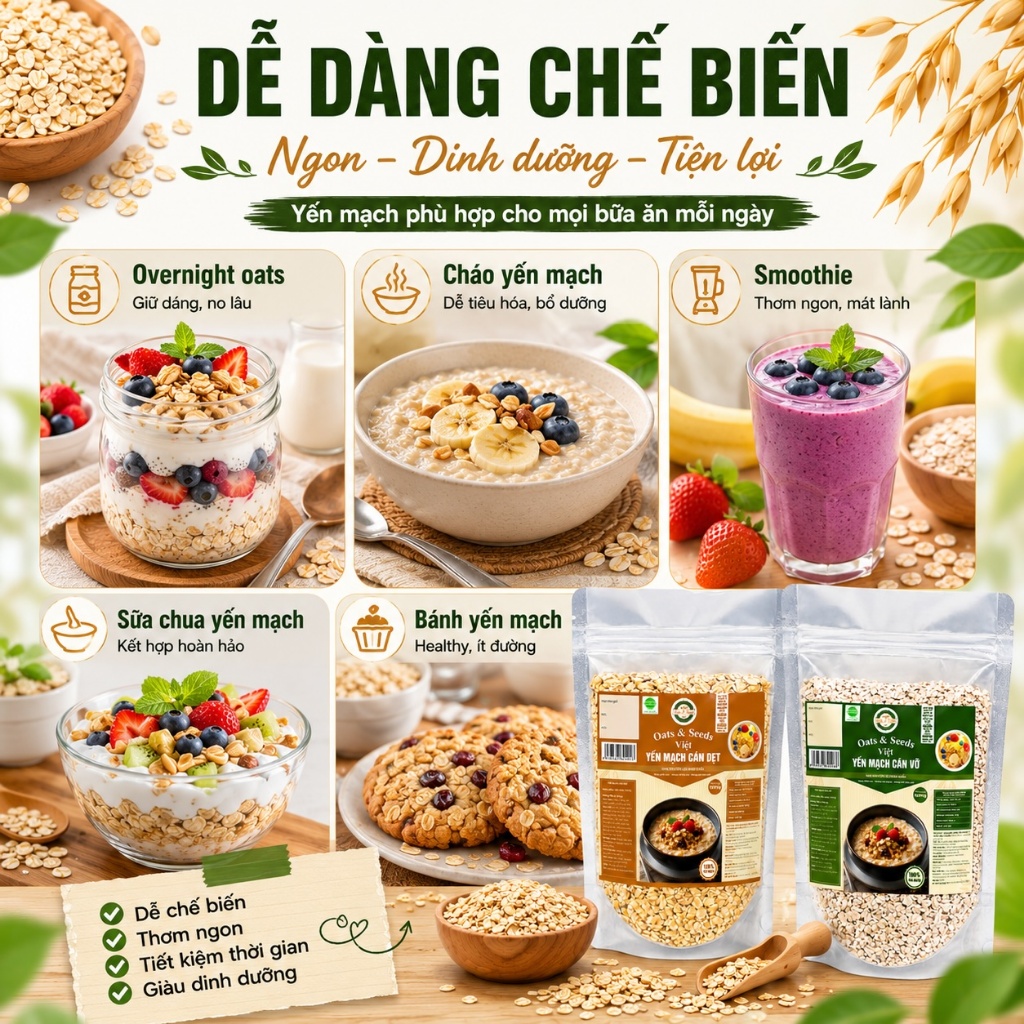 Yến Mạch 1kg Oats & Seeds Việt - Cán Dẹt/Cán Vỡ, Túi Zip 1kg, Ngũ Cốc Dinh Dưỡng