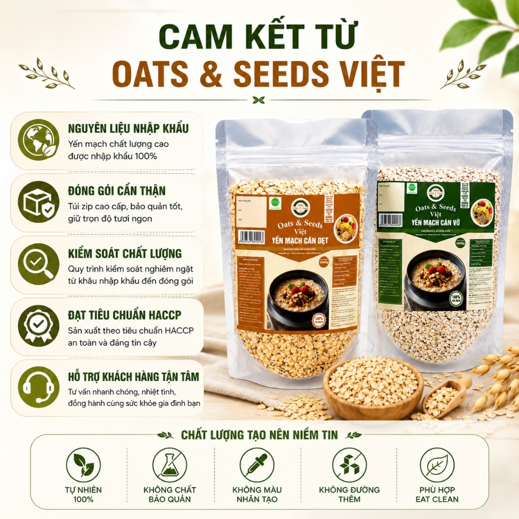 Yến Mạch 1kg Oats & Seeds Việt - Cán Dẹt/Cán Vỡ, Túi Zip 1kg, Ngũ Cốc Dinh Dưỡng