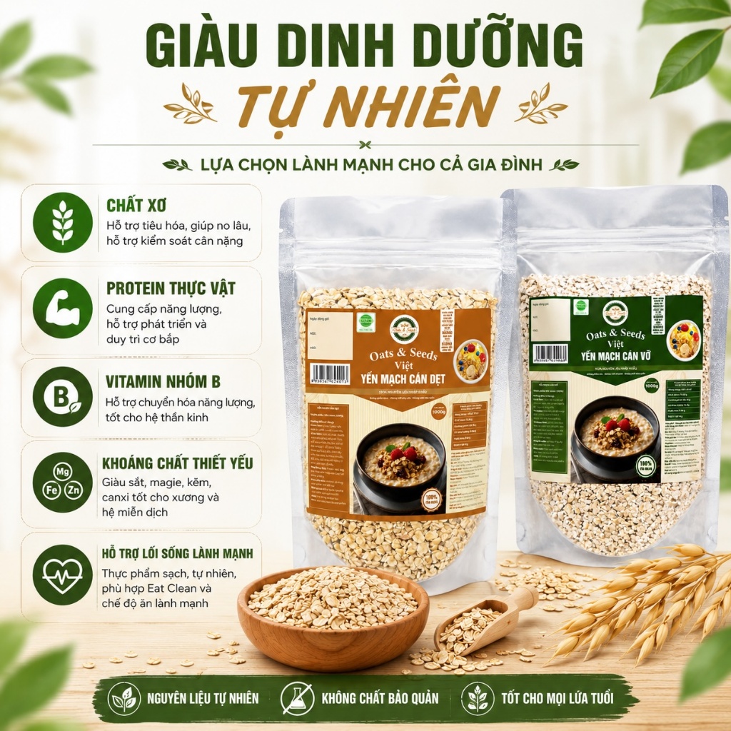 Yến Mạch 1kg Oats & Seeds Việt - Cán Dẹt/Cán Vỡ, Túi Zip 1kg, Ngũ Cốc Dinh Dưỡng