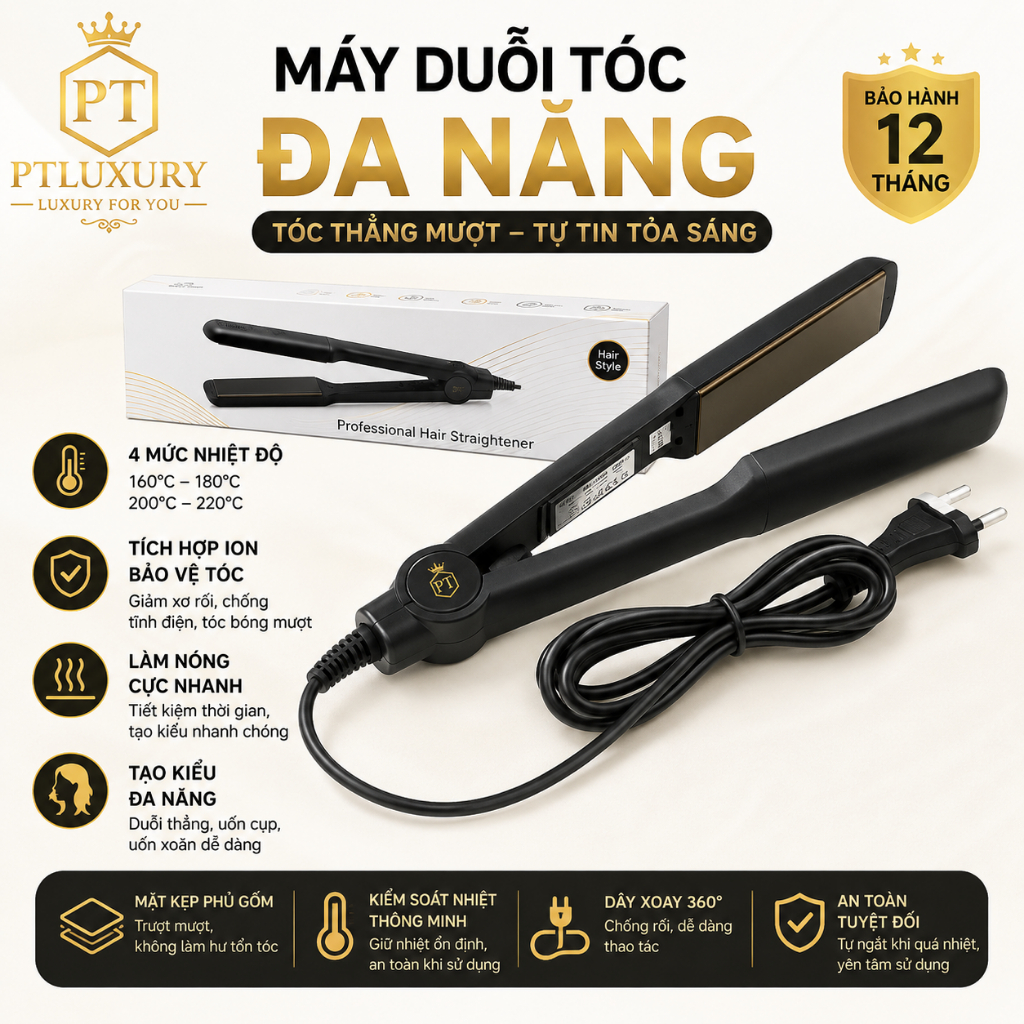 Máy duỗi tóc PTLUXURY tạo kiểu ép,là thẳng uốn cụp xoăn lọn đa năng 4 mức nhiệt