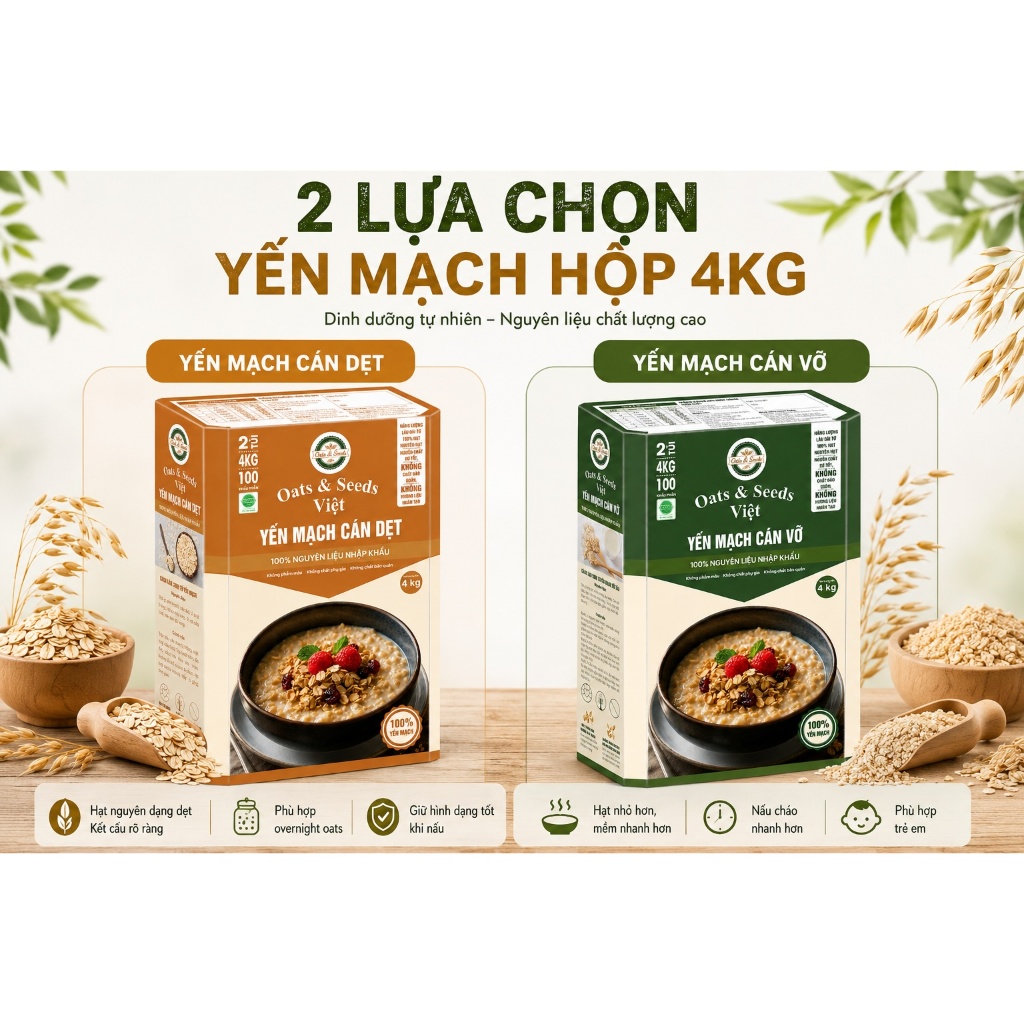 Yến Mạch 4kg Oats & Seeds Việt - Cán Dẹt/Cán Vỡ, Hộp 4kg Tiết Kiệm, Ngũ Cốc Dinh Dưỡng