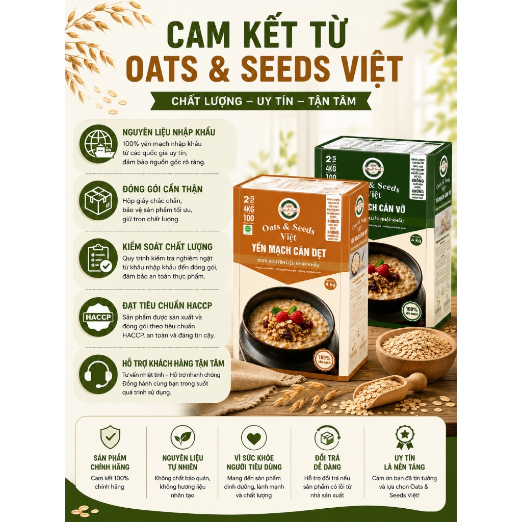Yến Mạch 4kg Oats & Seeds Việt - Cán Dẹt/Cán Vỡ, Hộp 4kg Tiết Kiệm, Ngũ Cốc Dinh Dưỡng