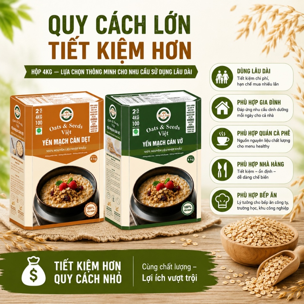 Yến Mạch 4kg Oats & Seeds Việt - Cán Dẹt/Cán Vỡ, Hộp 4kg Tiết Kiệm, Ngũ Cốc Dinh Dưỡng