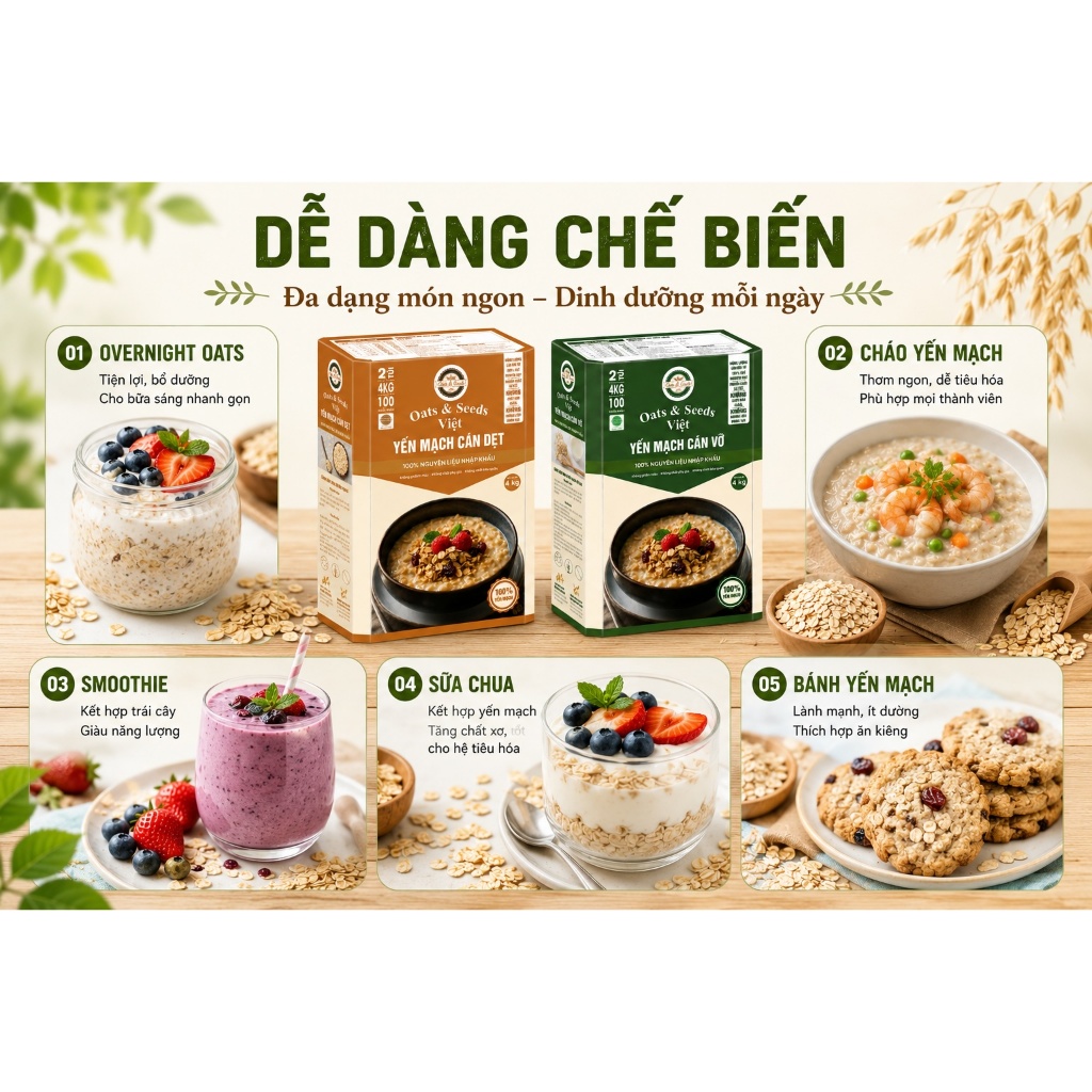 Yến Mạch 4kg Oats & Seeds Việt - Cán Dẹt/Cán Vỡ, Hộp 4kg Tiết Kiệm, Ngũ Cốc Dinh Dưỡng