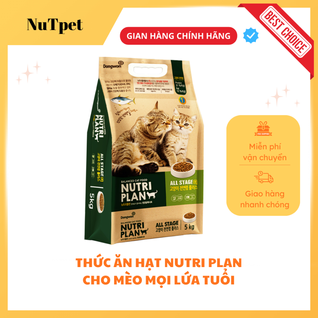 Thức ăn cho meo, Hạt cho mèo mọi lứa tuổi NutriPlan 5.0kg Vị cá Ngừ, Vị Gà, Vị Cá hồi Hàn Quốc