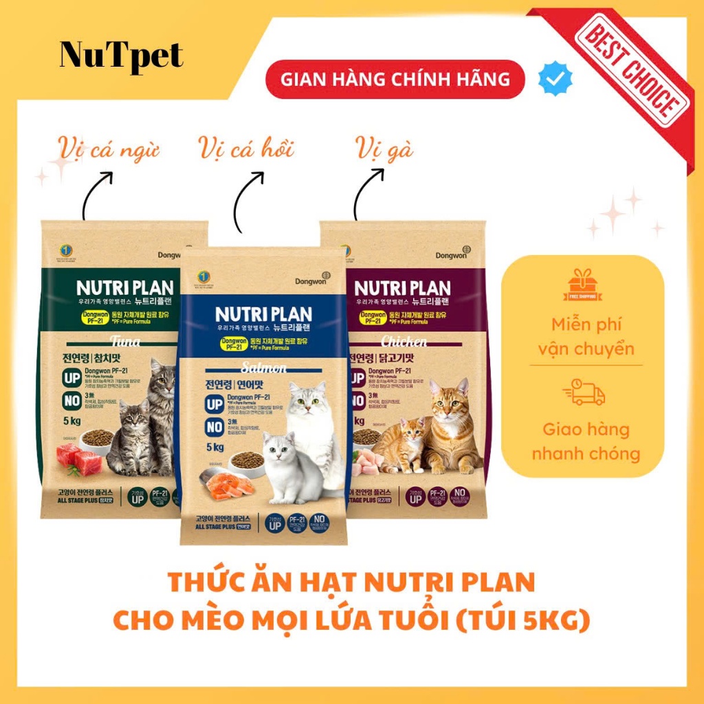 Thức ăn cho meo, Hạt cho mèo mọi lứa tuổi NutriPlan 5.0kg Vị cá Ngừ, Vị Gà, Vị Cá hồi Hàn Quốc