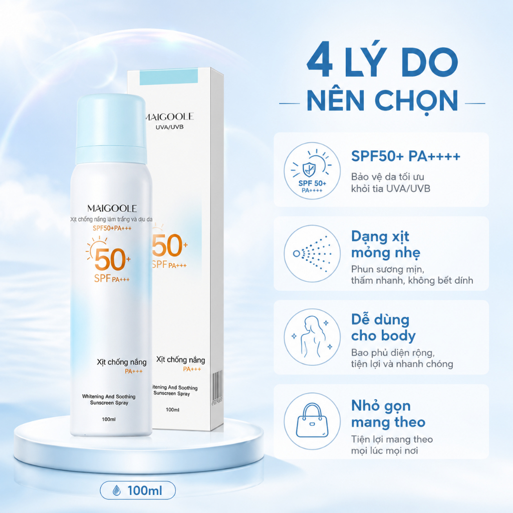 Xịt Chống Nắng Body SPF50+ PA++++ 100ml | Dạng Xịt Mỏng Nhẹ, Dễ Sử Dụng Khi Ra Ngoài