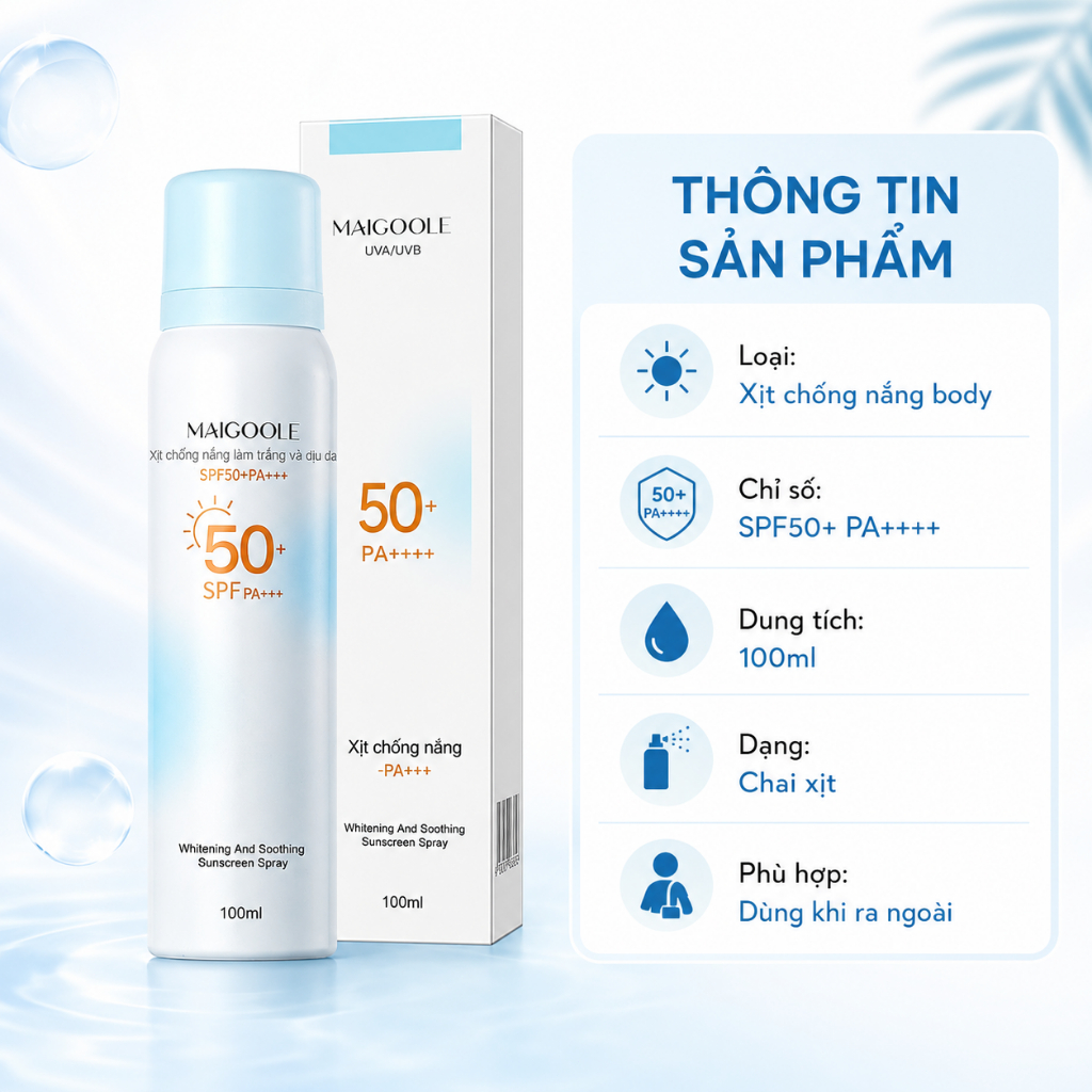 Xịt Chống Nắng Body SPF50+ PA++++ 100ml | Dạng Xịt Mỏng Nhẹ, Dễ Sử Dụng Khi Ra Ngoài