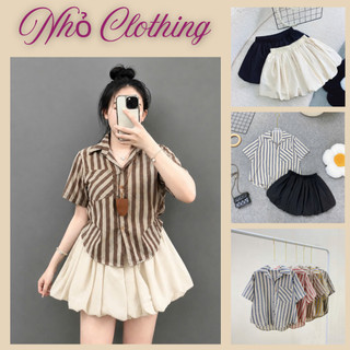 Set đồ bigsize nữ ngắn tay hoạ tiết kẻ sọc nhiều màu phối chân váy bí xòe cho chubby từ 50 ký đến 92kg- A288 +CV413