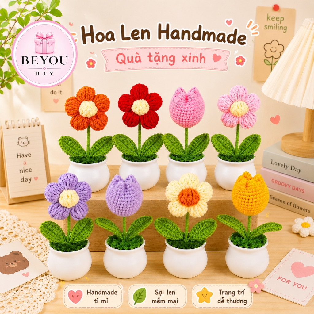 Chậu Hoa Len Mini Handmade Trang Trí Để Bàn Xinh Xắn, Quà Tặng Sinh Nhật, Ngày Nhà Giáo, Valentine