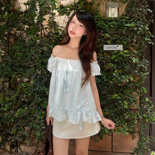 (ĐẶT TRƯỚC 15 NGÀY ) 𝐀𝐥𝐢𝐜𝐚 𝐓𝐨𝐩-Áo kiểu nữ, áo babydoll cổ vuông phối ren rút eo họa tiết vân nổi nhien.official NAS00063