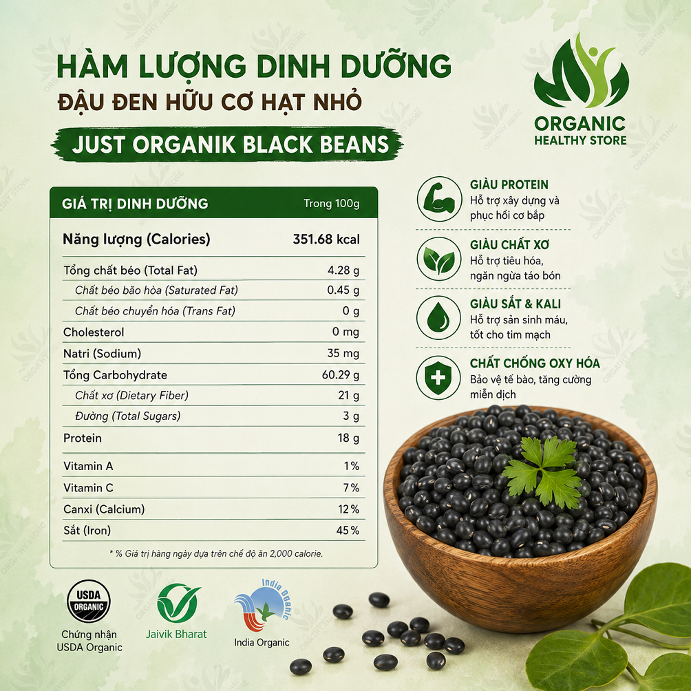 Đậu Đen Hữu Cơ Hạt Nhỏ Just Organik Black Beans 500g