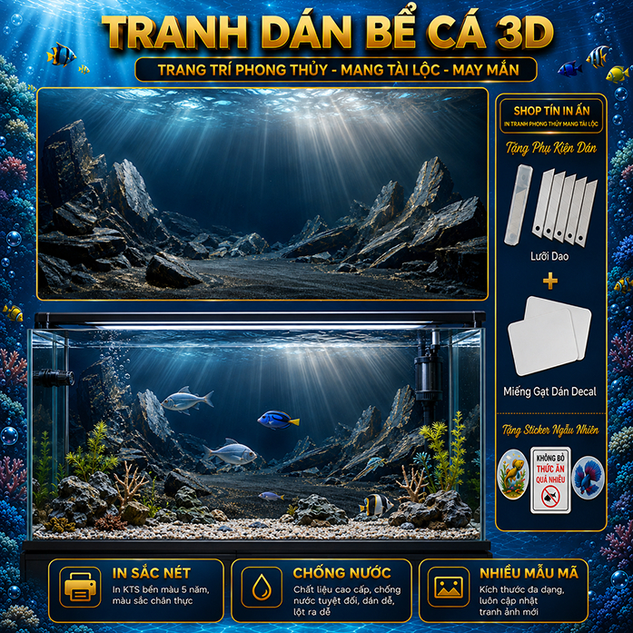 Decal tranh dán hồ cá 3D Kho In Ấn HC106 chống nước, InKTS dán dễ, gỡ dễ, có keo sẵn, nhiều kích cỡ
