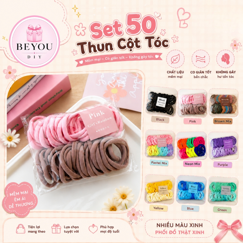 Túi 50 Dây Thun Cột Tóc Hàn Quốc Co Giãn, Không Gây Đau Tóc, Nhiều Màu Sắc Hot Trend.