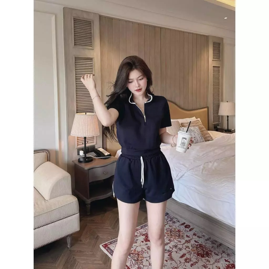 Set Bộ Thể Thao Nữ Cổ Polo Kéo Khóa Mix Quần Short Năng Động, Đồ Bộ Nữ Năng Động Trẻ Trung HCOM25727