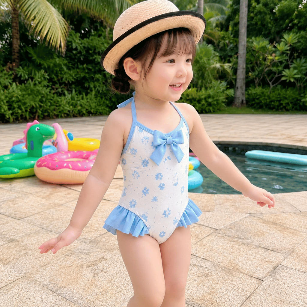 Đồ bơi bé gái liền thân cổ yếm đính dễ thương, đồ bơi trẻ em phối bèo cho bé đi biển đi bơi S16