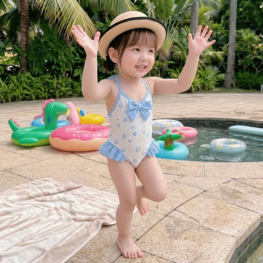 Đồ bơi bé gái liền thân cổ yếm đính dễ thương, đồ bơi trẻ em phối bèo cho bé đi biển đi bơi S16
