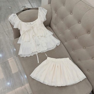 Set Váy Voan Tơ Bèo Tầng Công Chúa,  Bộ Áo Hai Dây Trễ Vai Mix Chân Váy Ngắn Xoè Xinh Xắn