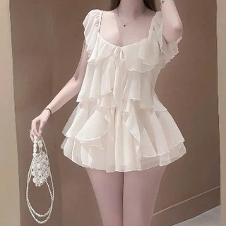 Set Váy Voan Tơ Bèo Tầng Công Chúa,  Bộ Áo Hai Dây Trễ Vai Mix Chân Váy Ngắn Xoè Xinh Xắn