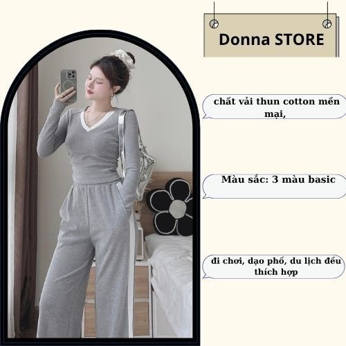 Set đồ nữ, đồ bộ nữ DONNA HCOM3335 thu đông cổ tim phối quần suông kẻ sọc dáng thể thao