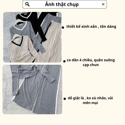 Set đồ nữ, đồ bộ nữ DONNA HCOM3335 thu đông cổ tim phối quần suông kẻ sọc dáng thể thao