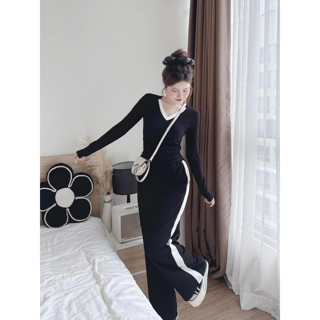 Set đồ nữ, đồ bộ nữ DONNA HCOM3335 thu đông cổ tim phối quần suông kẻ sọc dáng thể thao