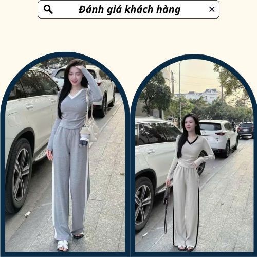 Set đồ nữ, đồ bộ nữ DONNA HCOM3335 thu đông cổ tim phối quần suông kẻ sọc dáng thể thao