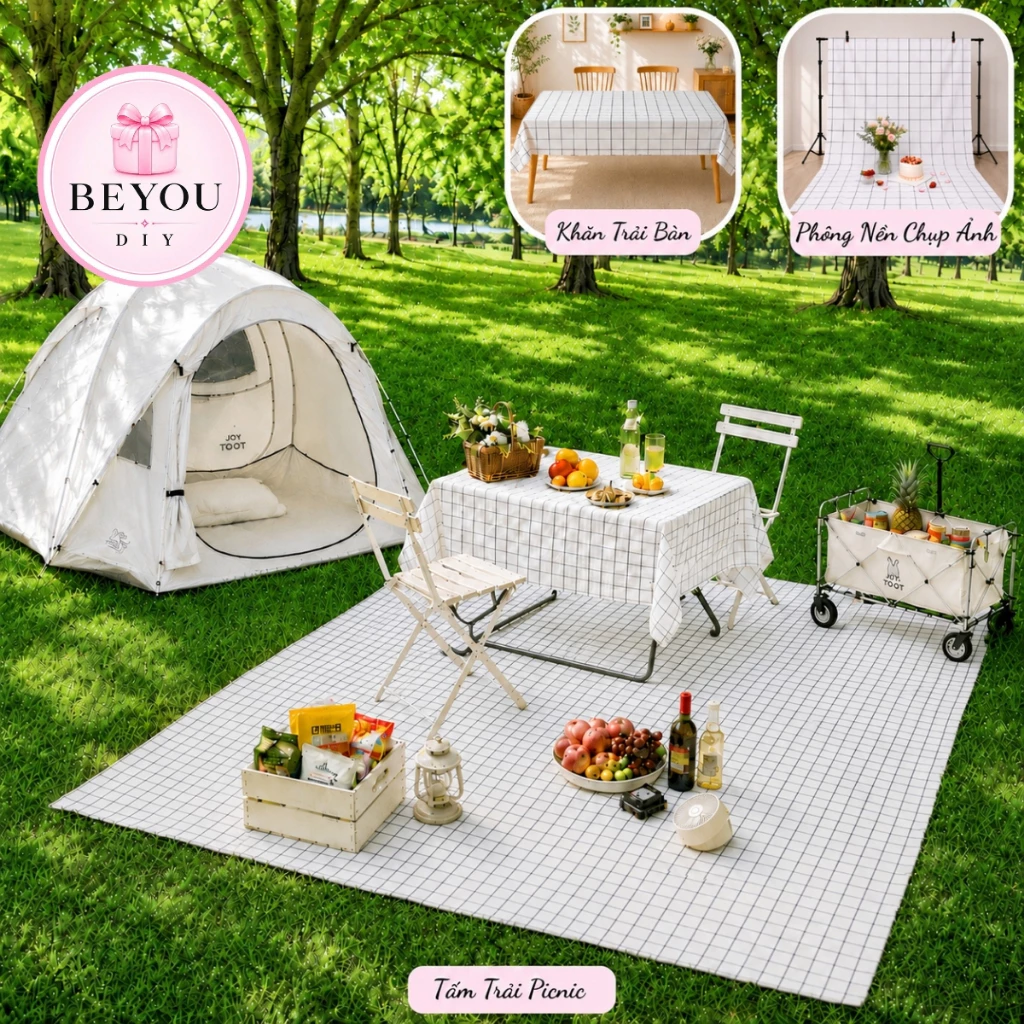 Khăn Trải Bàn Caro, Thảm Picnic Nhựa PVC Chống Thấm Mỏng Nhẹ, Khăn Trải Dã Ngoại, Phông Nền Chụp Ảnh