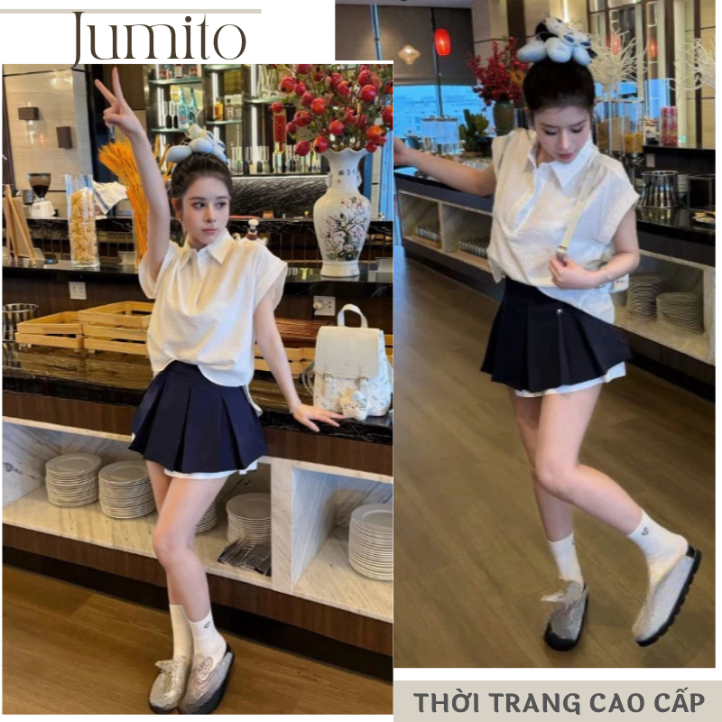 Bộ quần áo nữ áo kiểu polo sát nách phối chân váy ngắn tennis xếp ly phom suông giấu bụng HCOM27077