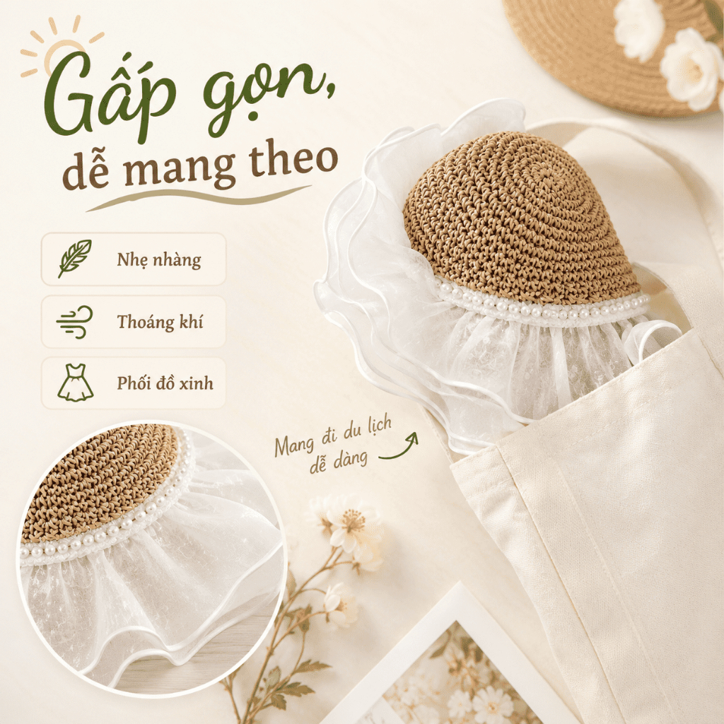 Mũ Cói Nữ Đi Biển Vành Rộng Phối Ren | Mũ Chống Nắng Thoáng Khí Có Nơ | Màu Be/Kaki