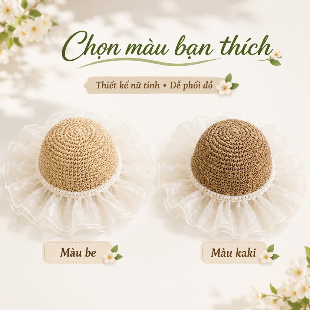 Mũ Cói Nữ Đi Biển Vành Rộng Phối Ren | Mũ Chống Nắng Thoáng Khí Có Nơ | Màu Be/Kaki