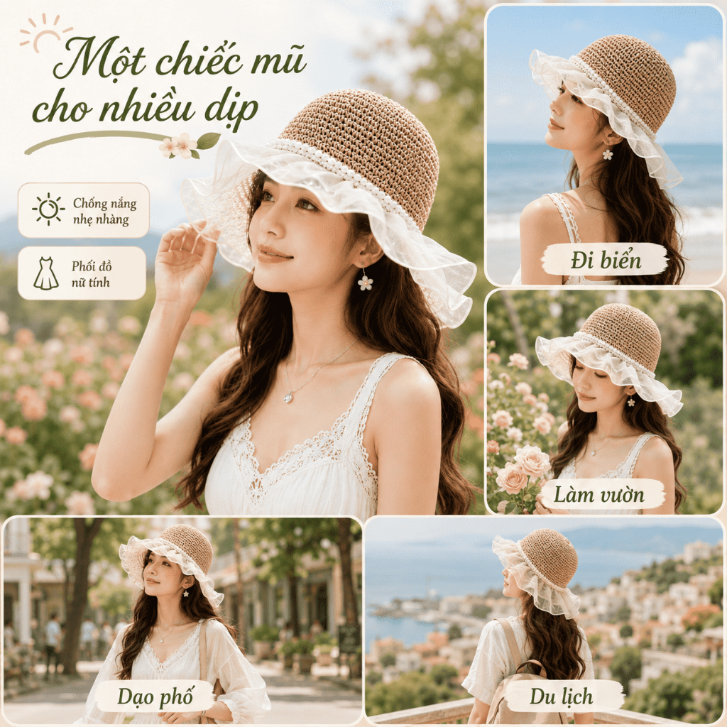 Mũ Cói Nữ Đi Biển Vành Rộng Phối Ren | Mũ Chống Nắng Thoáng Khí Có Nơ | Màu Be/Kaki
