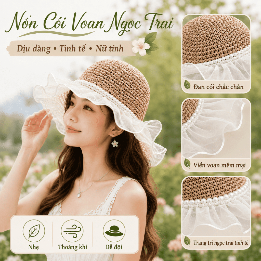 Mũ Cói Nữ Đi Biển Vành Rộng Phối Ren | Mũ Chống Nắng Thoáng Khí Có Nơ | Màu Be/Kaki