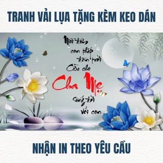 Tranh dán tường thư pháp chữ cha mẹ, tranh in trên chất liệu vải lụa (shop tặng kèm keo dán)