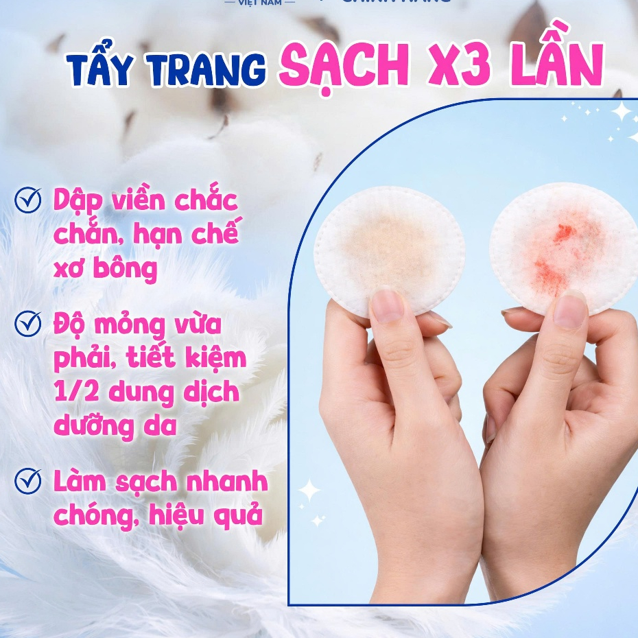Set 30 Miếng Bông tẩy trang Miju mềm mịn, Không xơ bông, dập viền chắc chắn