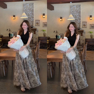 set áo cổ yếm sát nách trơn và chân váy voan xòe dài họa tiết hoa phong cách vintage