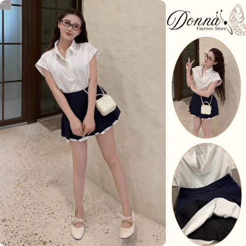 Set đồ nữ, đồ bộ nữ DONNA HCOM27077 áo sơ mi tay hến mix váy xếp ly xoè tiểu thư