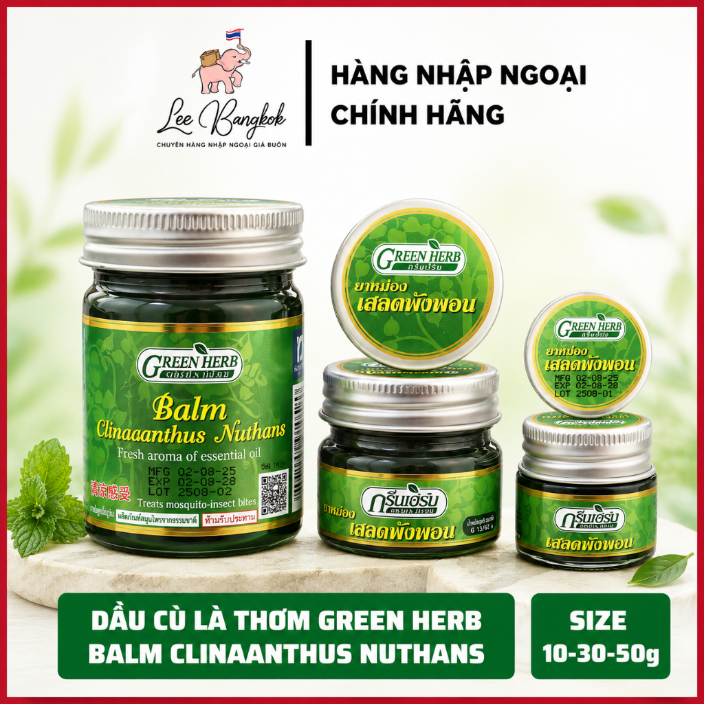 [CHUẨN THÁI] Dầu Cù Là Thơm Xanh Green Herb Balm Clinacanthus Nuthans Giảm Ngứa, Mẫn Đỏ, Đau Nhức Thái Lan 10g - 50g