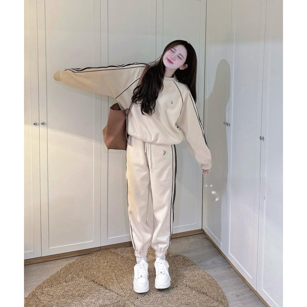 Đồ bộ nữ,set đồ nữ mùa đông phong cách thể thao năng động chất nỉ cao cấp soc viền kẻ Donna hcom3685