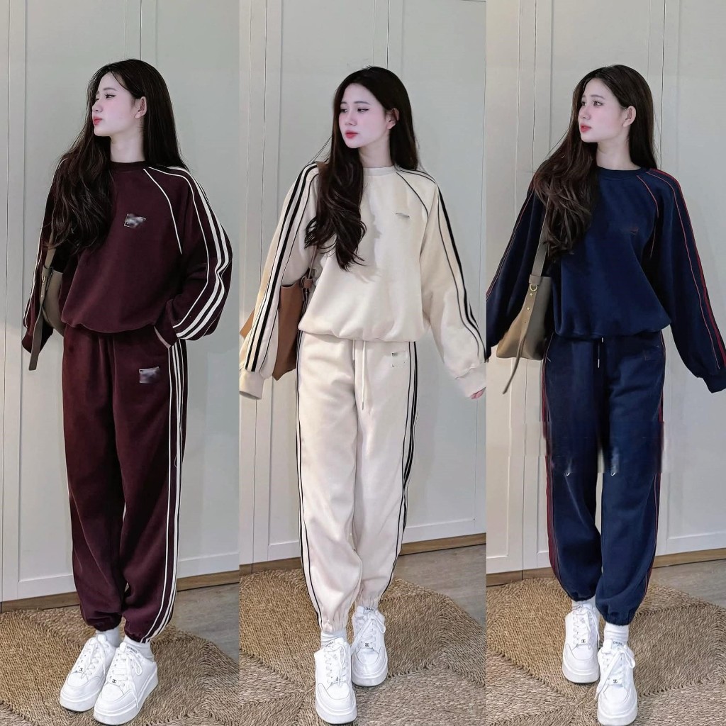 Đồ bộ nữ,set đồ nữ mùa đông phong cách thể thao năng động chất nỉ cao cấp soc viền kẻ Donna hcom3685