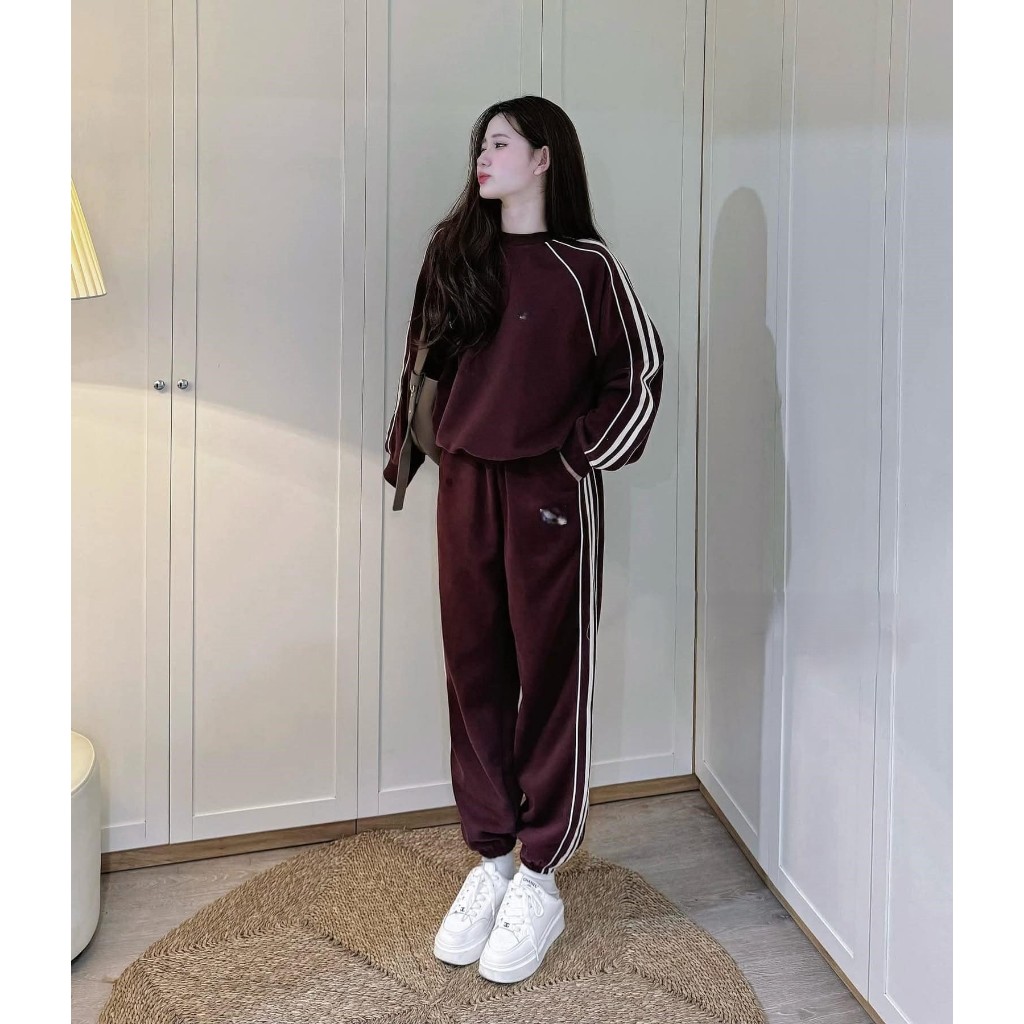Đồ bộ nữ,set đồ nữ mùa đông phong cách thể thao năng động chất nỉ cao cấp soc viền kẻ Donna hcom3685