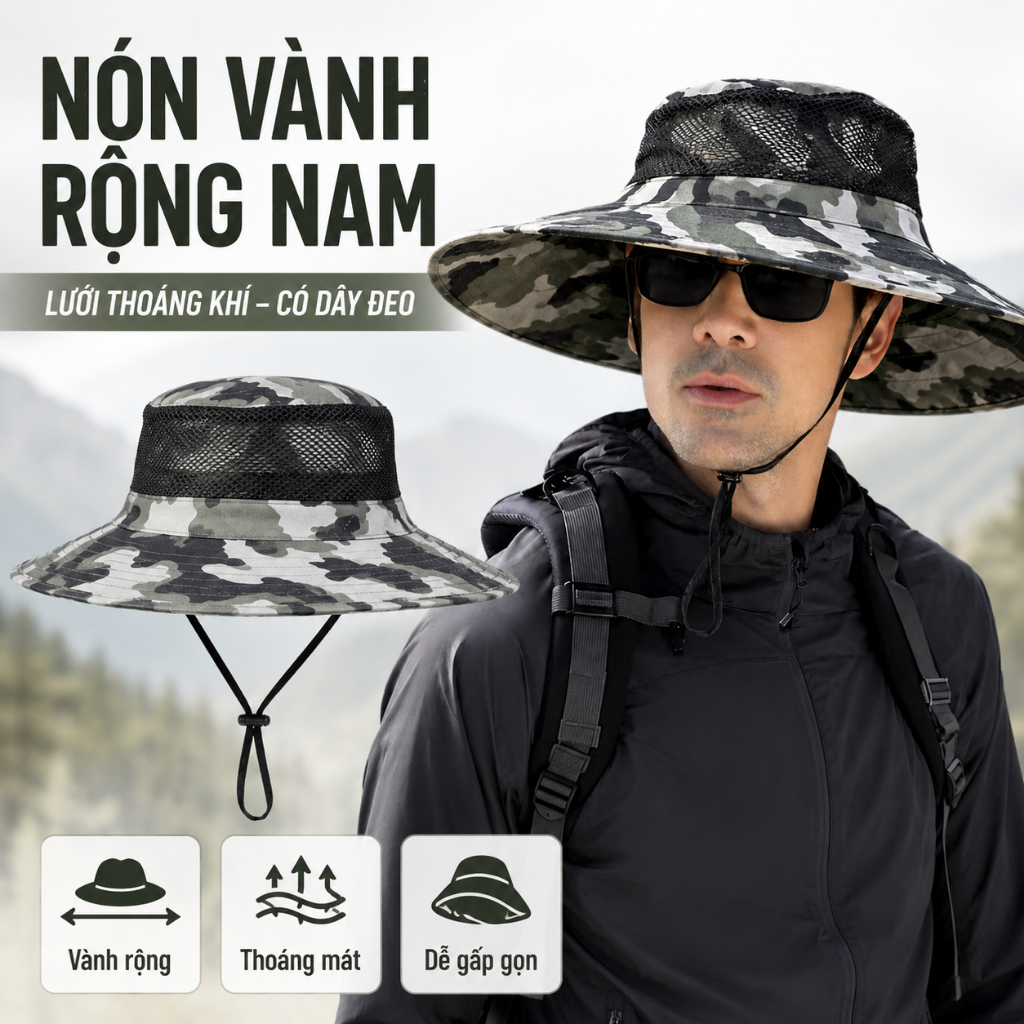 Nón Tai Bèo Nam Vành Rộng Rằn Ri｜Lưới Thoáng Khí Có Dây Đeo｜Dùng Đi Câu Cá, Làm Vườn, Ngoài Trời