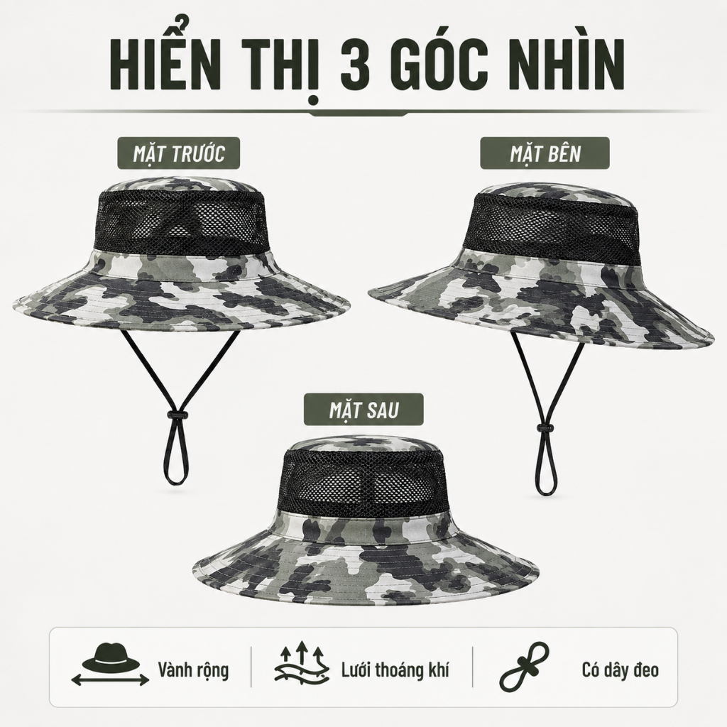 Nón Tai Bèo Nam Vành Rộng Rằn Ri｜Lưới Thoáng Khí Có Dây Đeo｜Dùng Đi Câu Cá, Làm Vườn, Ngoài Trời