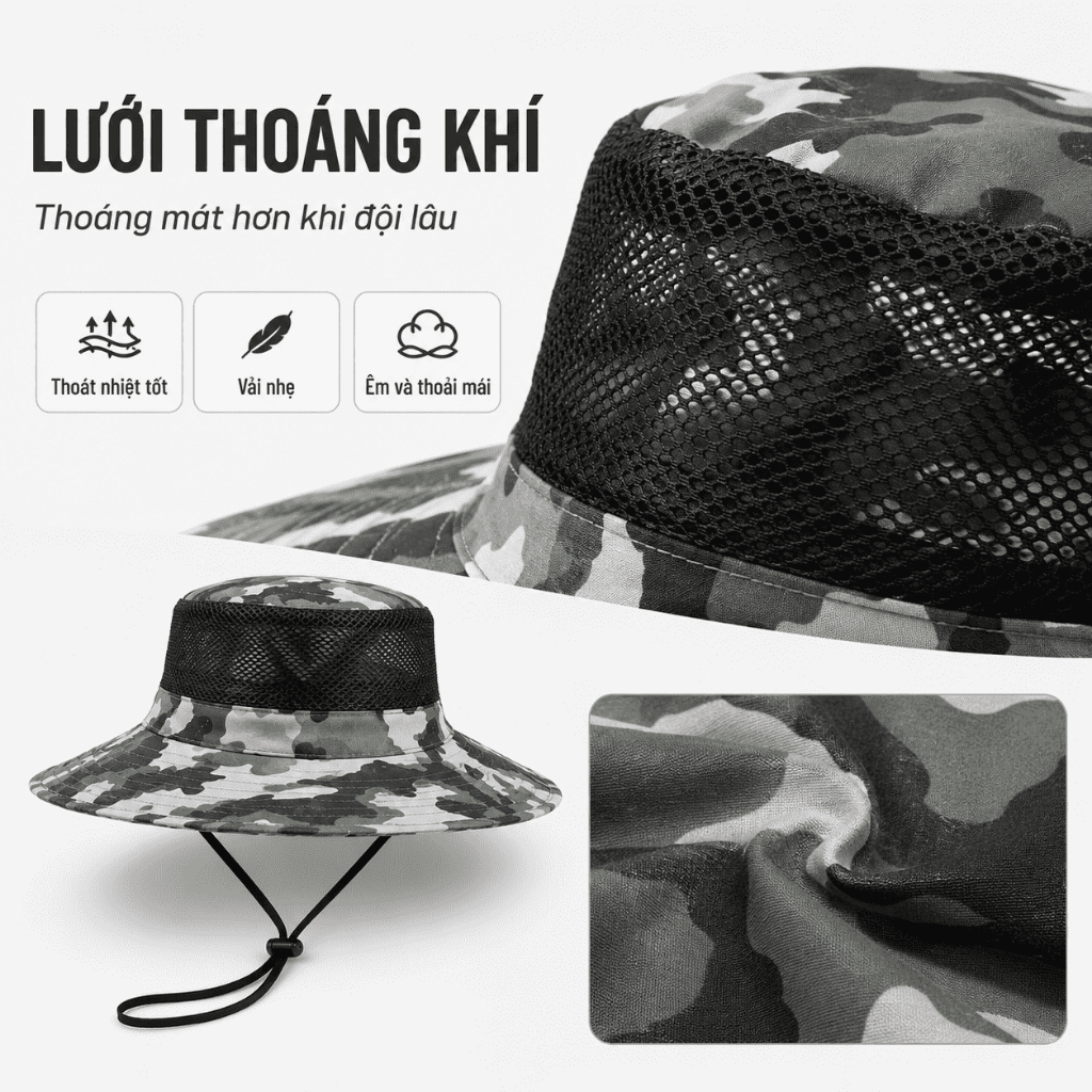 Nón Tai Bèo Nam Vành Rộng Rằn Ri｜Lưới Thoáng Khí Có Dây Đeo｜Dùng Đi Câu Cá, Làm Vườn, Ngoài Trời