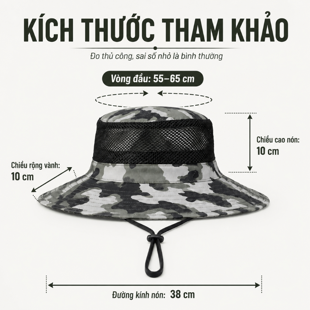Nón Tai Bèo Nam Vành Rộng Rằn Ri｜Lưới Thoáng Khí Có Dây Đeo｜Dùng Đi Câu Cá, Làm Vườn, Ngoài Trời