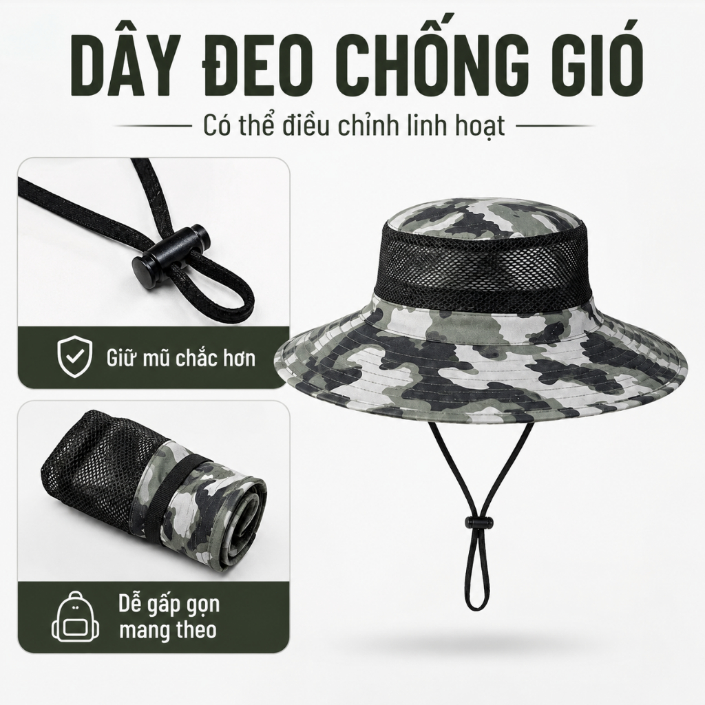 Nón Tai Bèo Nam Vành Rộng Rằn Ri｜Lưới Thoáng Khí Có Dây Đeo｜Dùng Đi Câu Cá, Làm Vườn, Ngoài Trời